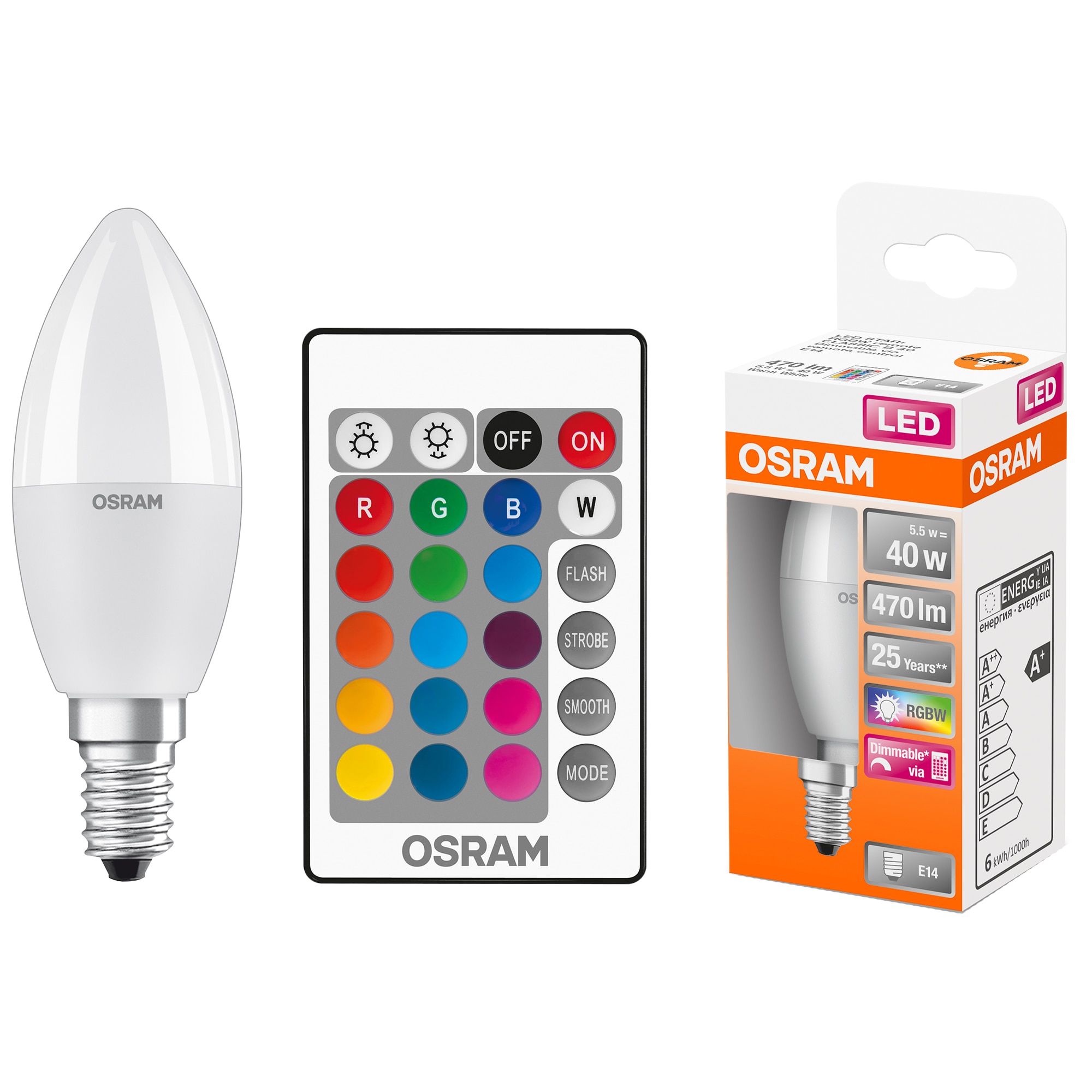 Osram Star RGBW LED izzó távirányítóval, szabályozható, E14, (40W), 470 lm, fehér színes fény -