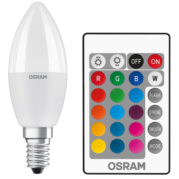 Bec LED RGBW cu telecomanda Osram Star, dimabil, E14, 4.9W (40W), 470 lm, lumina alba si colorata, clasa energetica F