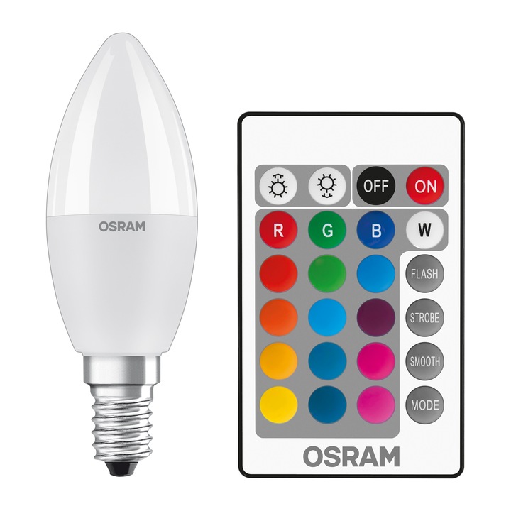 Osram Star RGBW LED izzó távirányítóval, szabályozható, E14, 5.5W (40W), 470 lm, fehér és színes fény