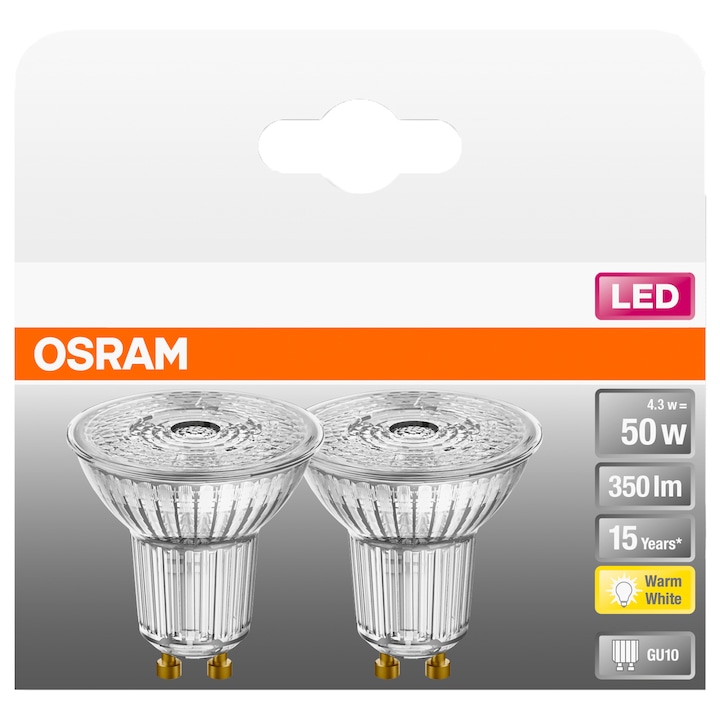 2 db LED izzó készlet OSRAM Base PAR16 50, GU10, 4,3W (50W), 350 lm, meleg fény (2700K)