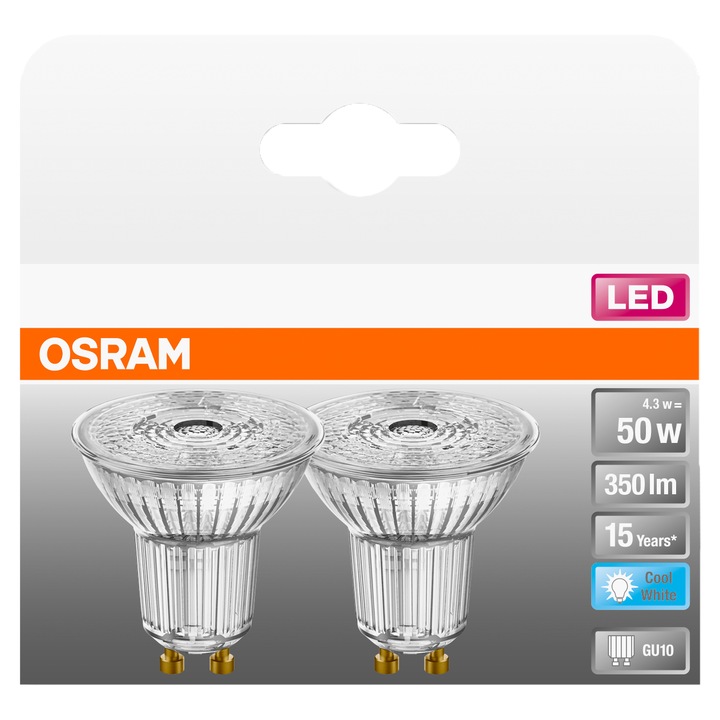 Set 2 becuri LED OSRAM Base PAR16 50, GU10, 4.3W (50W), 350 lm, lumina neutra (4000K), clasa energetica F
