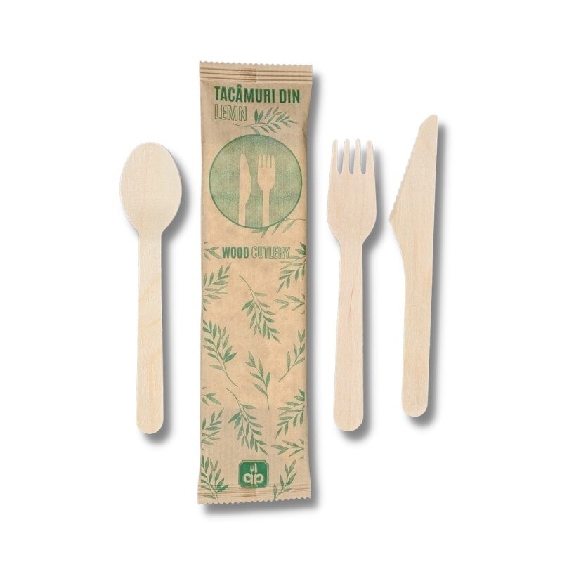 Set tris, lingura + furculita + cutit + servetel, tacamuri bio din lemn, 50 buc/set