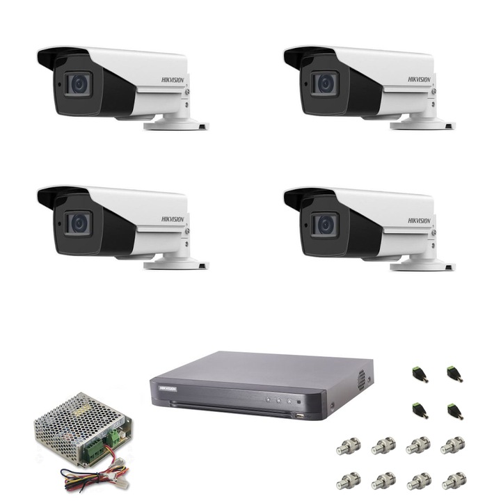 HIKVISION FULL HD Surveillance System Kit, DVR + 4 kamera MOTOR ZOOM-mal + Forrás + Tartozékok