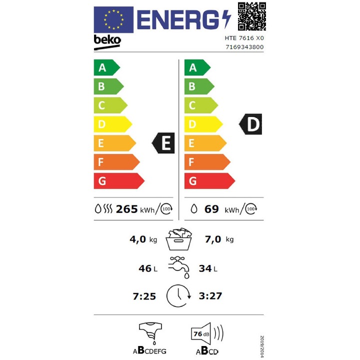 Пералня със сушилня Beko HTE7616X0, Пране 7 кг, Сушене 4 кг, 1200 об/мин, Инверторен мотор, Бял