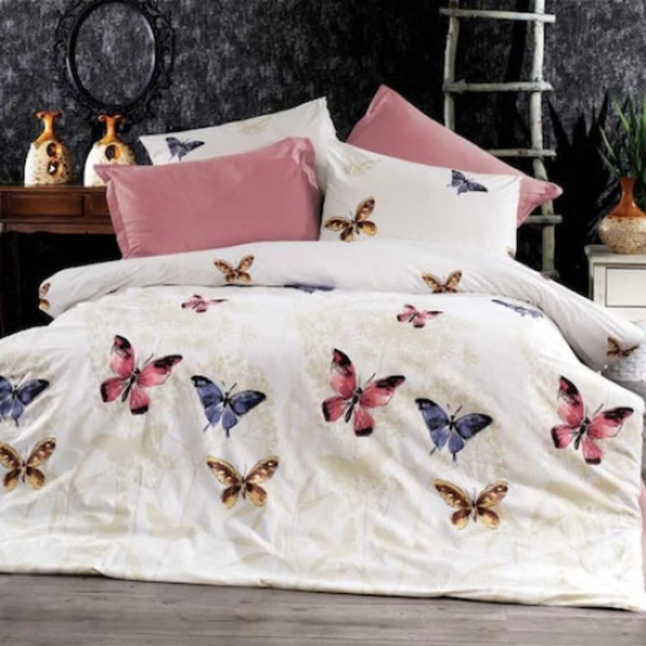 Спално бельо, памук ранфорс, розови пеперуди, 50X70, 220X200