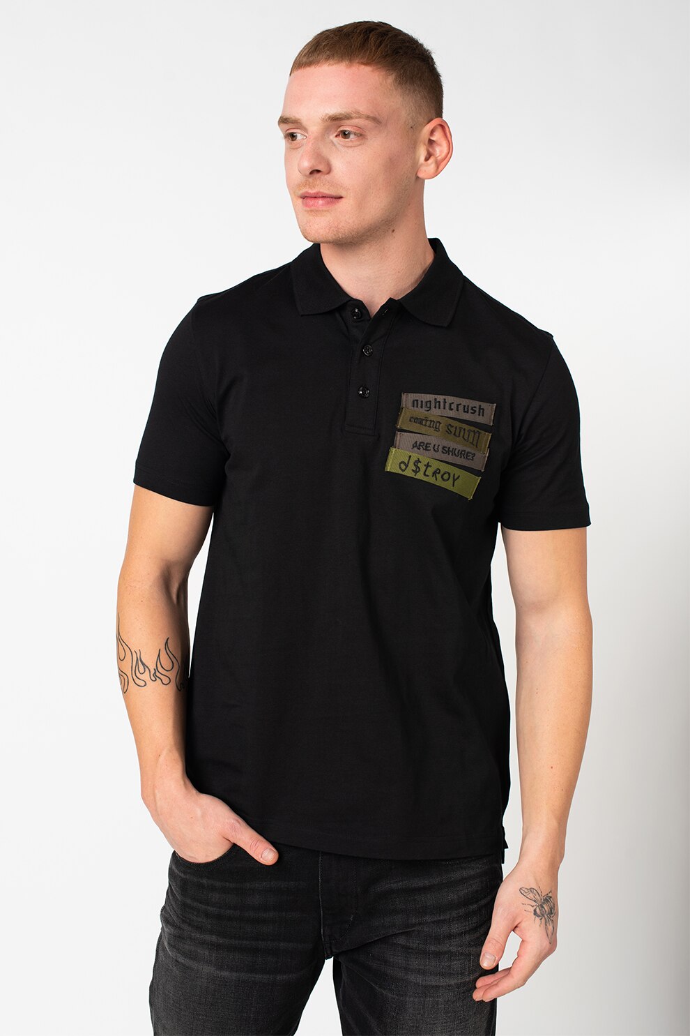 Diesel, Tricou polo cu aplicatii decorative T-Warrel, Negru, S