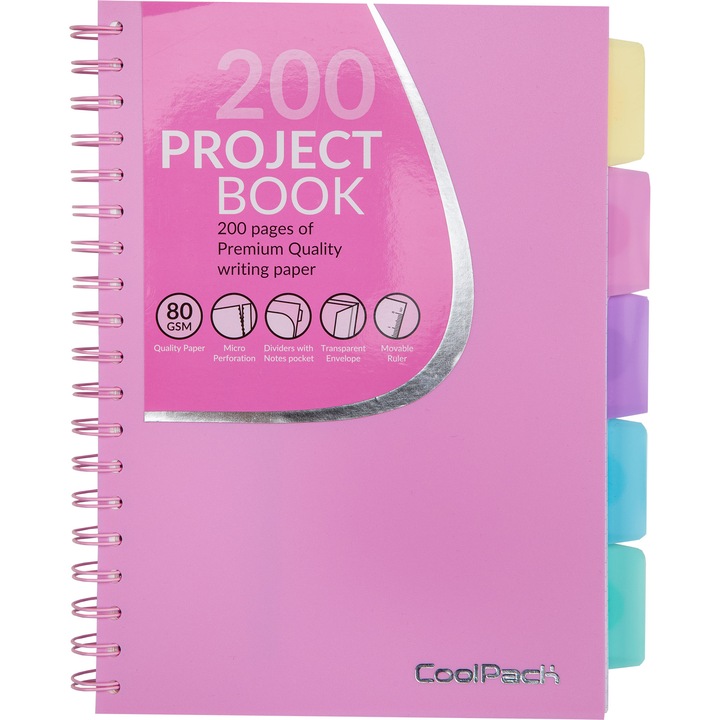 Caiet A5 Coolpack pastel, 200 pagini, roz, cu spira