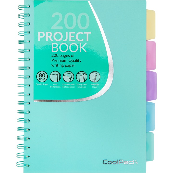 Caiet A5 Coolpack pastel, 200 pagini, turquoise, cu spira