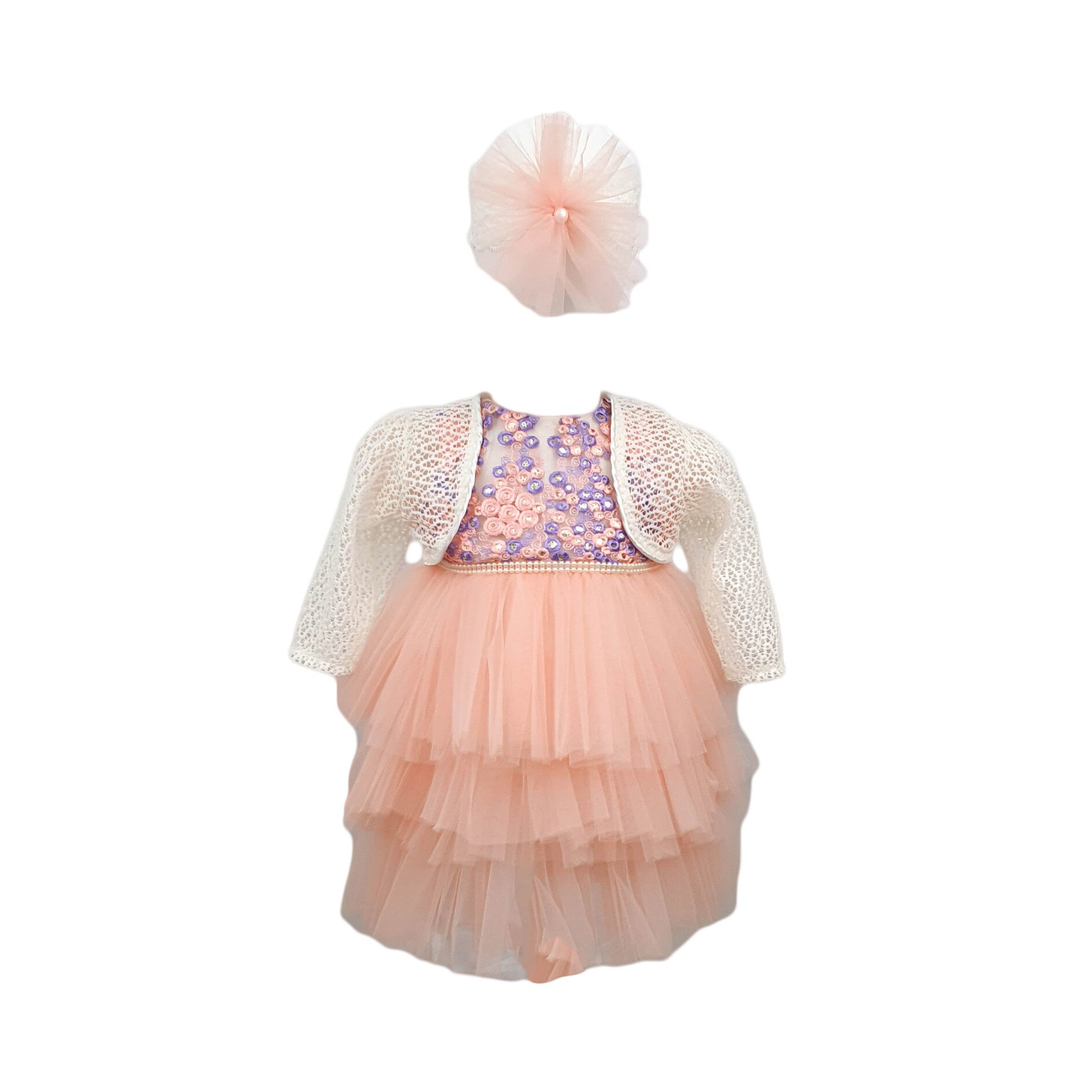 Rochie botez, trei piese, culoare roz, varsta 3-6 luni