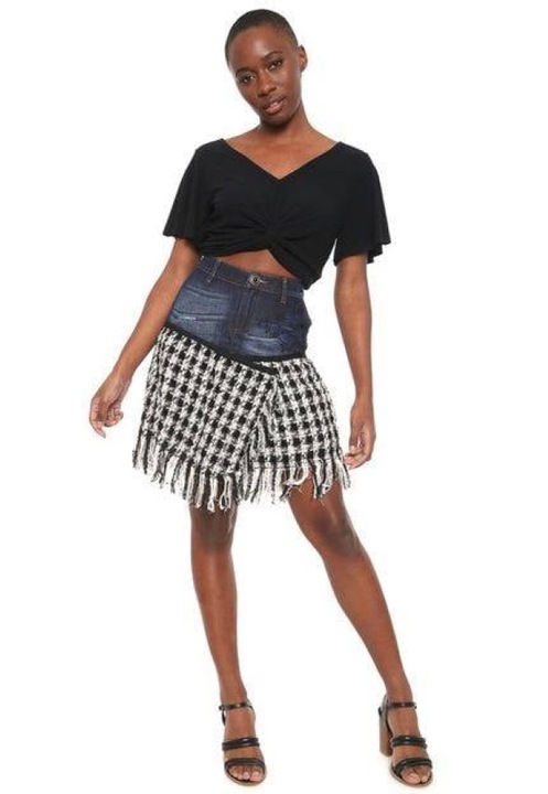 Fusta Desigual denim imbinat cu stofa, Alb/Negru/Albastru, XL