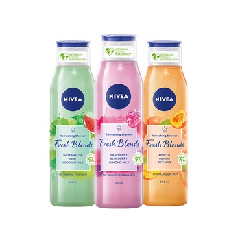 Set cadou Nivea: Gel de dus Fresh Blends cu zmeura, afine si lapte de migdale, 300 ml + Gel de dus Fresh Blends cu pepene rosu, cocos si menta, 300 ml + Gel de dus Fresh Blends cu caise, mango si lapte de orez, 300 ml Set cadou Nivea: Gel de dus Fresh Blends cu zmeura, afine si lapte de migdale, 300 ml + Gel de dus Fresh Blends cu pepene rosu, cocos si menta, 300 ml + Gel de dus Fresh Blends cu caise, mango si lapte de orez, 300 ml
