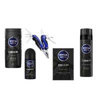 Set cadou Nivea Men Deep: Gel de ras Deep, 200 ml + Gel de dus Deep, 250 ml + Deodorant roll-on Deep, 50 ml + After shave lotiune Deep, 100 ml + Multitool