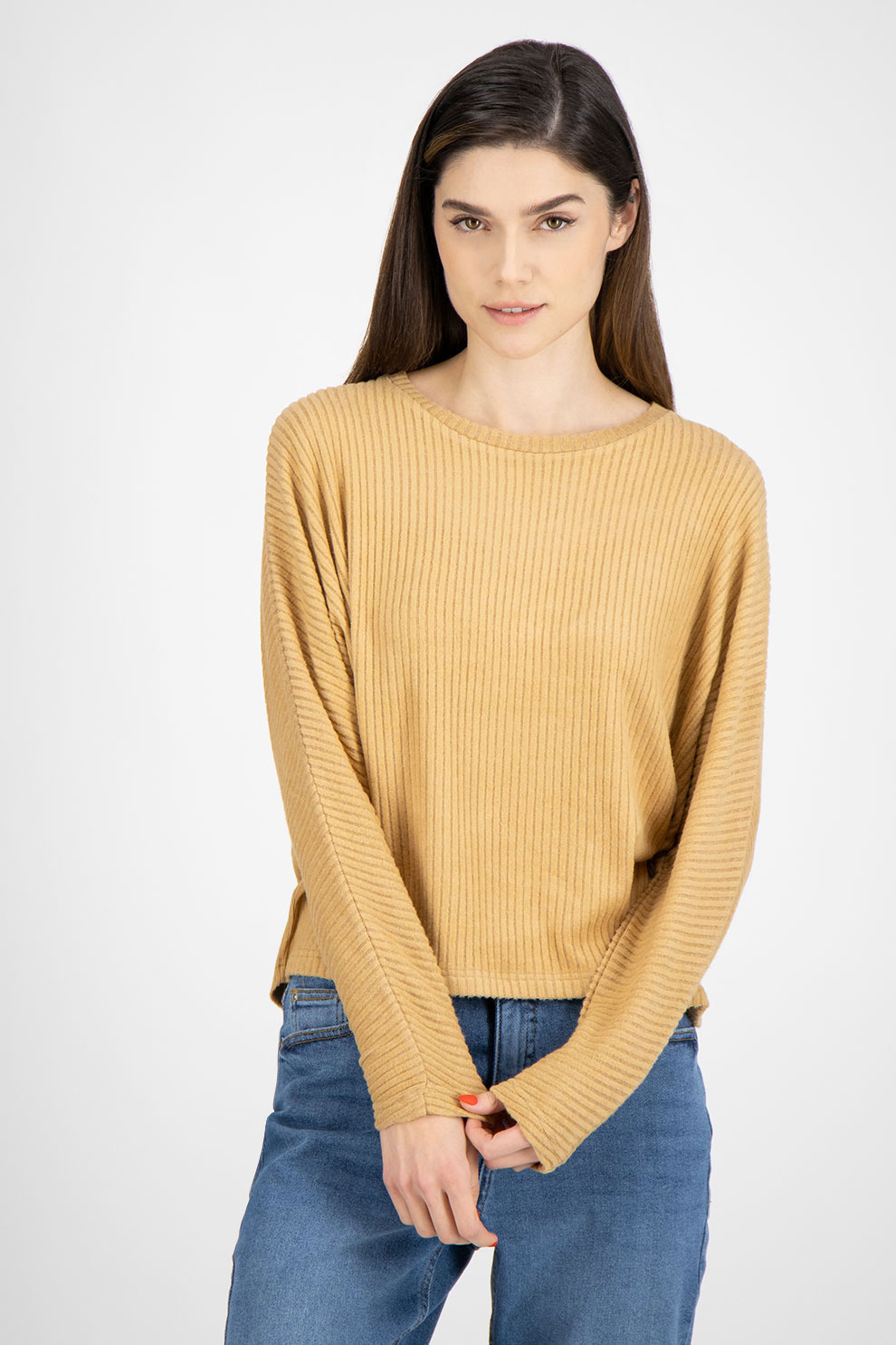 b.young,Pulover tricotat fin, cu aspect striat, Maro camel