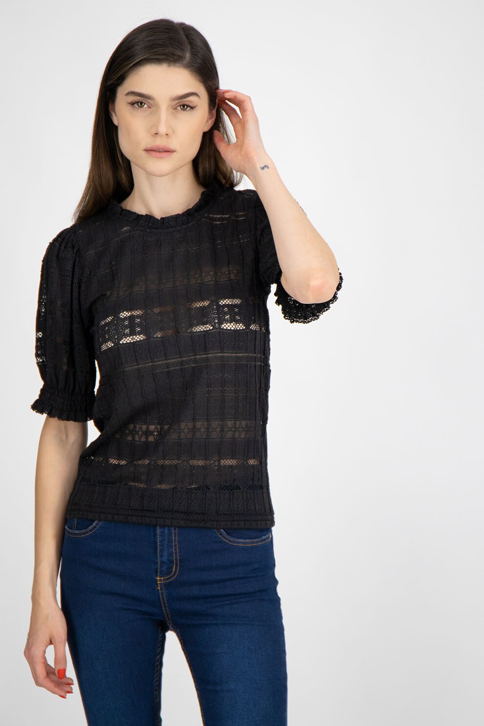 b.young, Bluza de dantela cu maneci medii, Negru