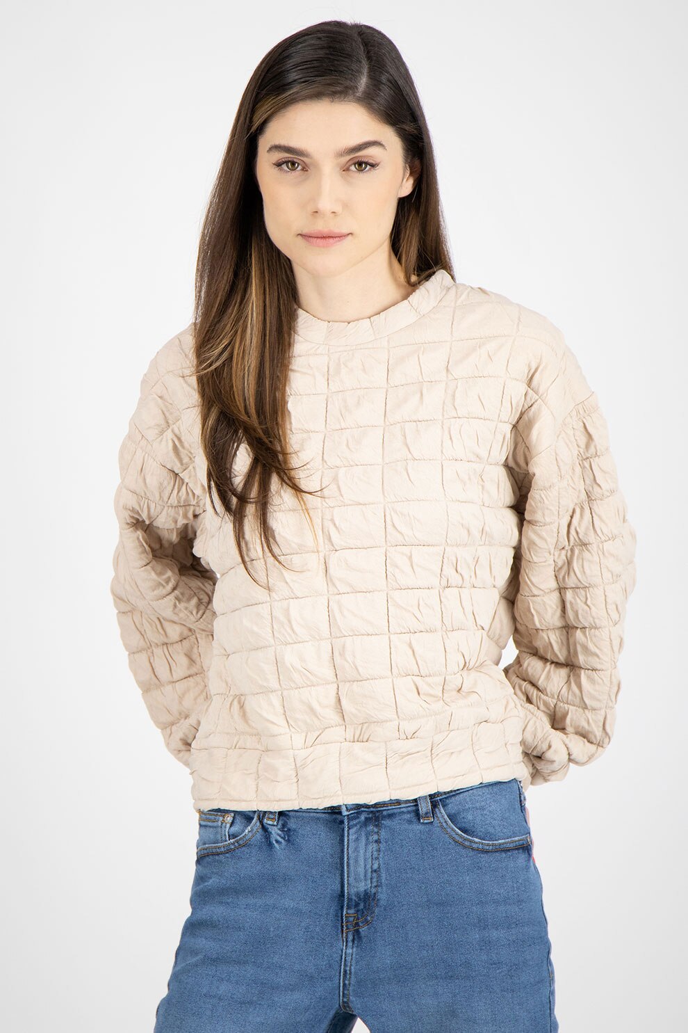 b.young, Bluza sport cu aspect matlasat si maneci bufante, Maro nisip, L