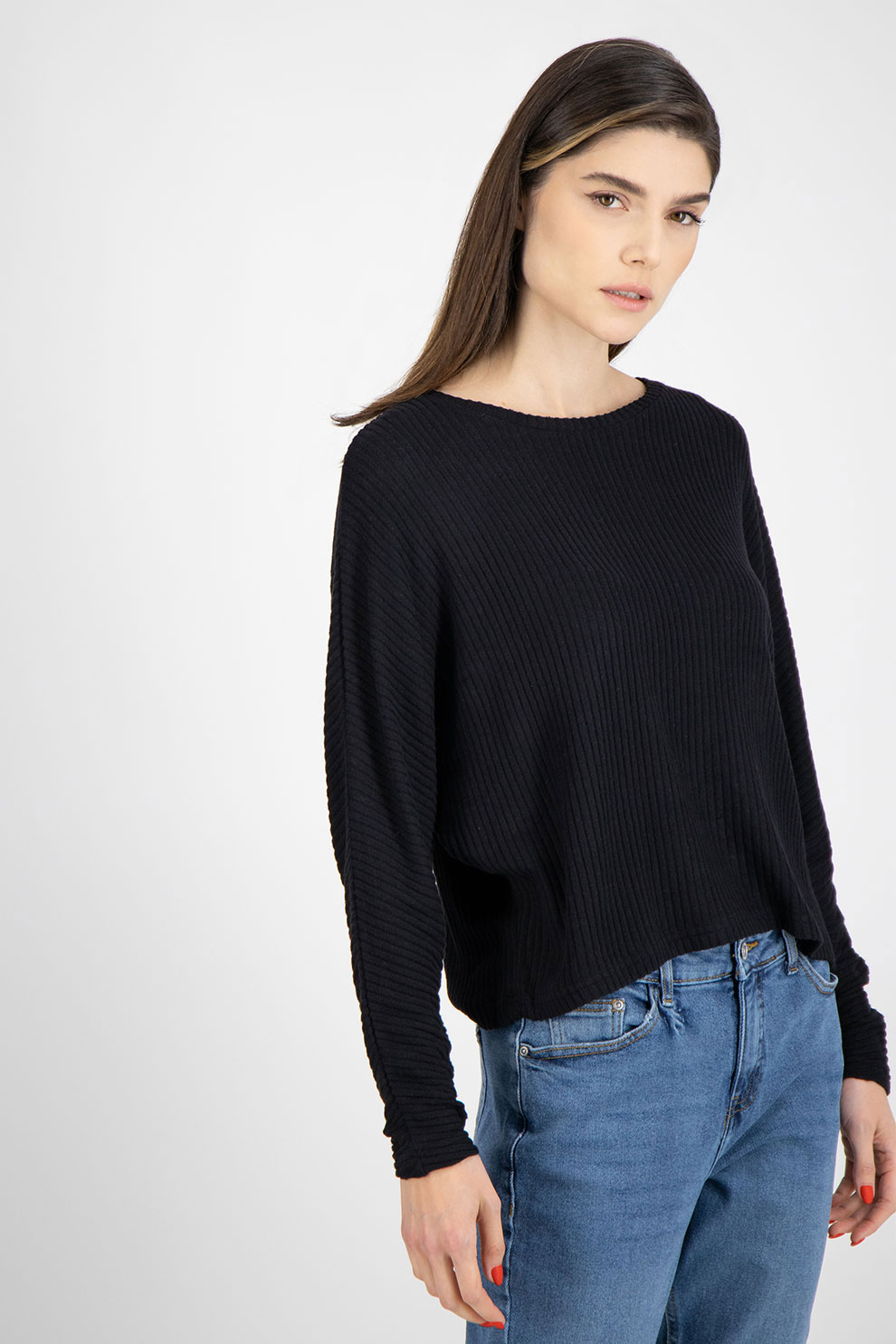 b.young,Pulover tricotat fin, cu aspect striat, Negru