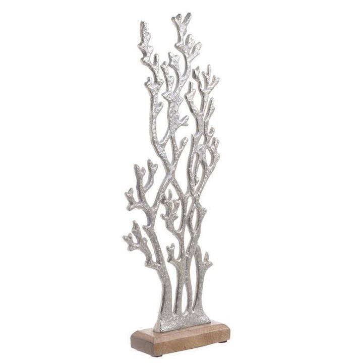 Decoratiune de birou in forma de coral din aluminiu si lemn, argintiu, 16x5x44 cm
