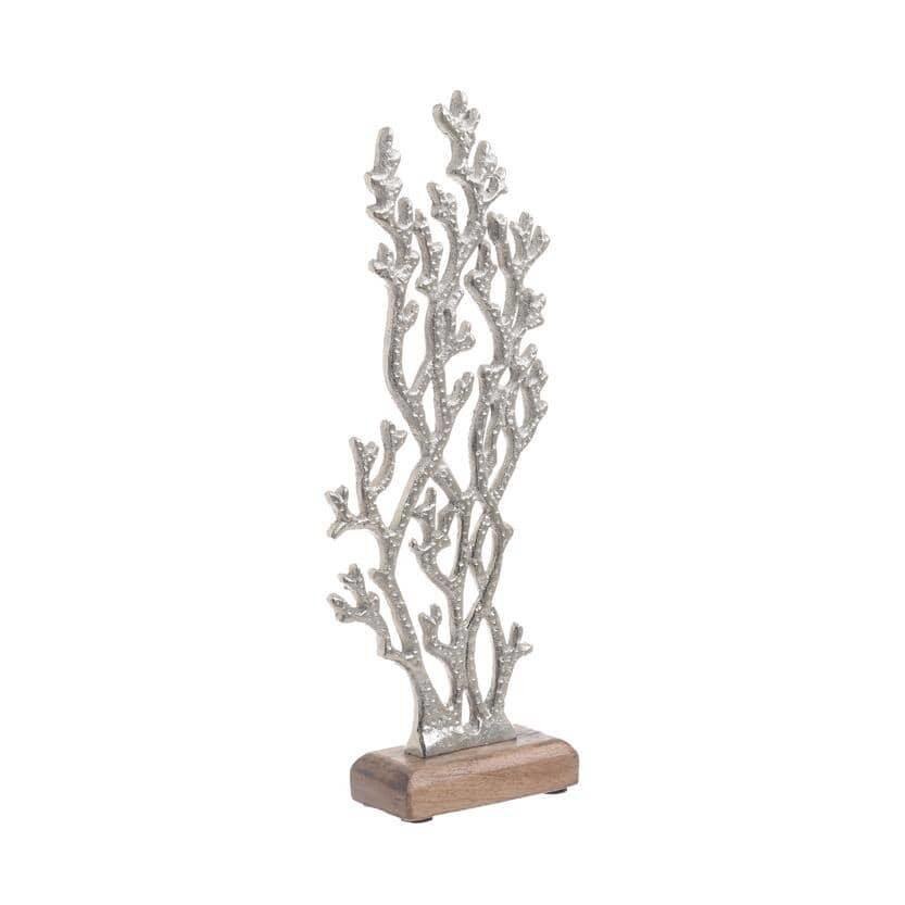 Decoratiune de birou in forma de coral din aluminiu si lemn, argintiu, 13x5x33 cm