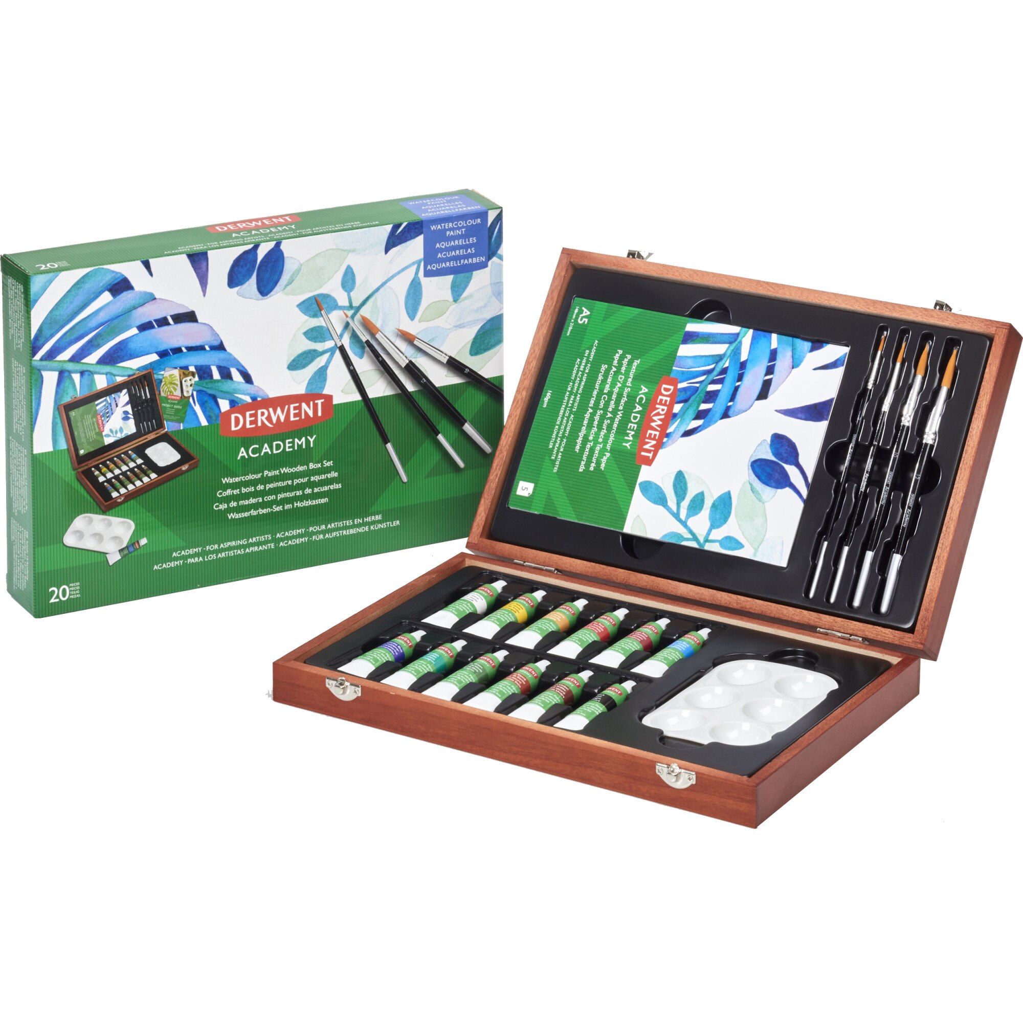Set acuarele Derwent Academy™ tuburi de 12 ml, pensule, ghid proiect si paleta amestec, cutie din lemn, 20 bucati/set