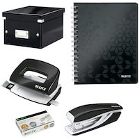 Set birotica Leitz WOW negru, contine capsator metalic 10 coli, perforator metalic 10 coli, cutie depozitare Click & store mica, caiet de birou A5 dictando cu spira si 1000 capse N10