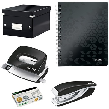 Set birotica Leitz WOW negru, contine capsator metalic 10 coli, perforator metalic 10 coli, cutie depozitare Click & store mica, caiet de birou A5 dictando cu spira si 1000 capse N10 Set birotica Leitz WOW negru, contine capsator metalic 10 coli, perforator metalic 10 coli, cutie depozitare Click & store mica, caiet de birou A5 dictando cu spira si 1000 capse N10