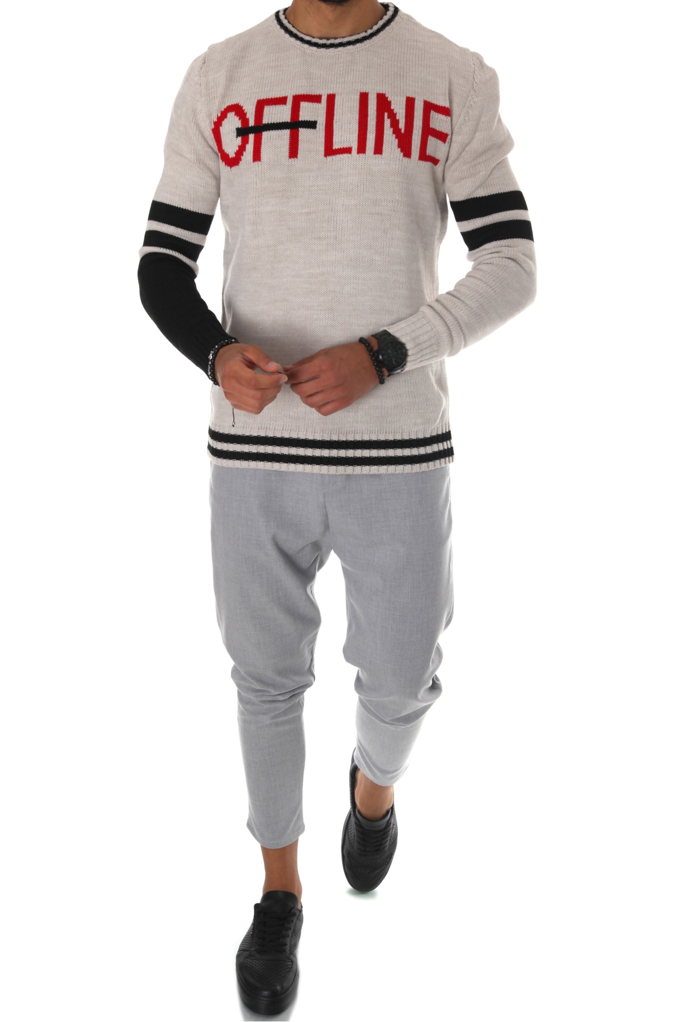 Pulover barbati, T3609, fashion, slim fit, bej, Bej