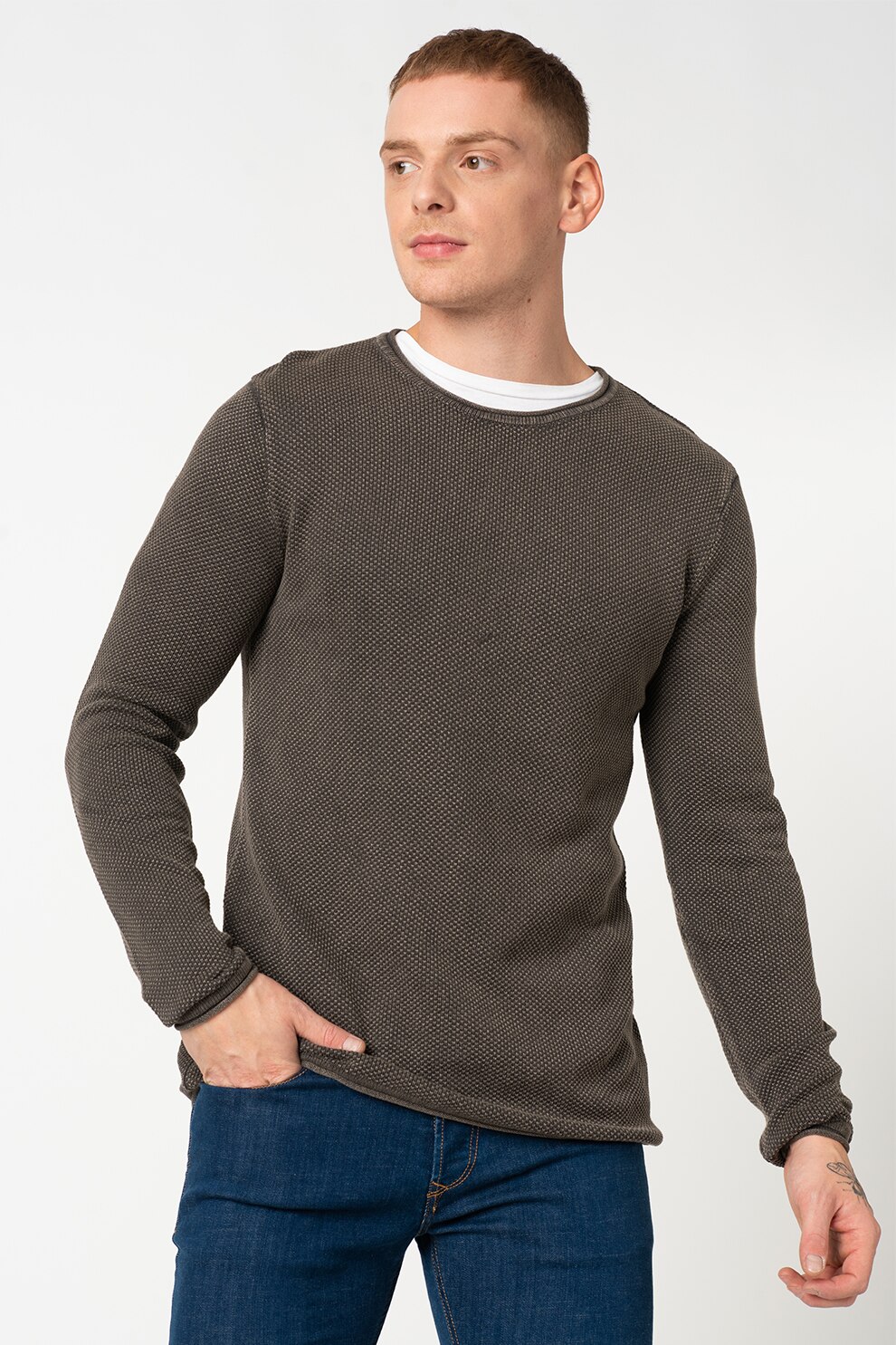 Jack&Jones, Pulover cu decolteu la baza gatului si aspect texturat Roll, Kaki/Alb, XL