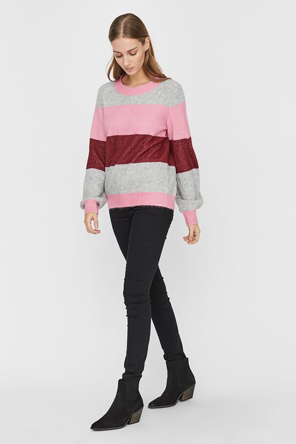 Vero Moda, Pulover relaxed fit cu model in dungi Abbia, Roz/gri deschis melange/rosu inchis, M