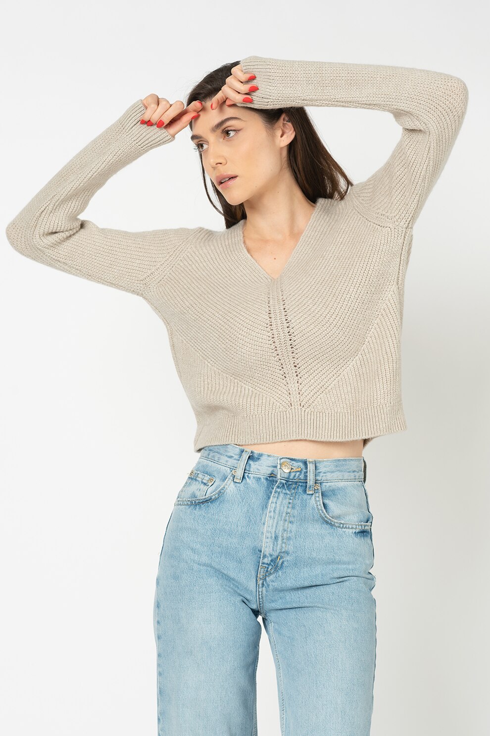 Only, Pulover tricotat fin cu decolteu in V Jada, Gri deschis, XL