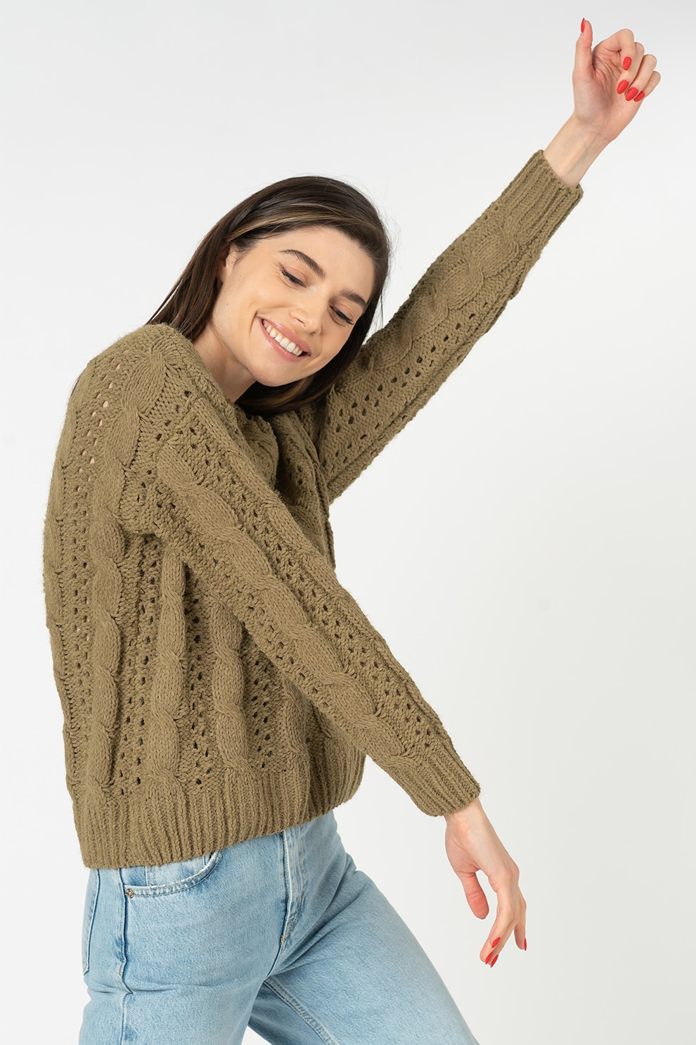 Only, Pulover cu perforatii Chanet, Verde oliv