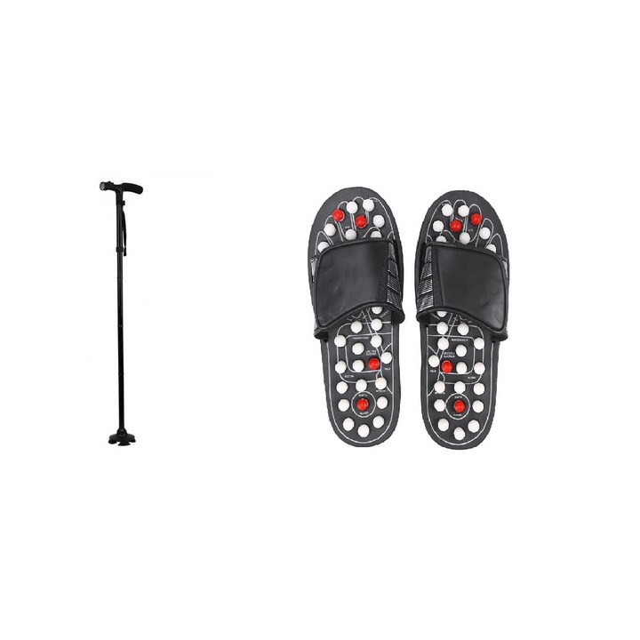 Pachet promo baston de sprijin pe antebrat, cu lanterna LED, pliabil pentru transport usor si papuci reflexoterapeutici de masaj - 40 / 43, presopunctura