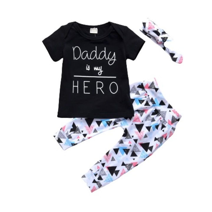 Compleu 3 piese fetita, bluza si pantalon maneca lunga, bentita, figuri geometrice, 12-18 luni