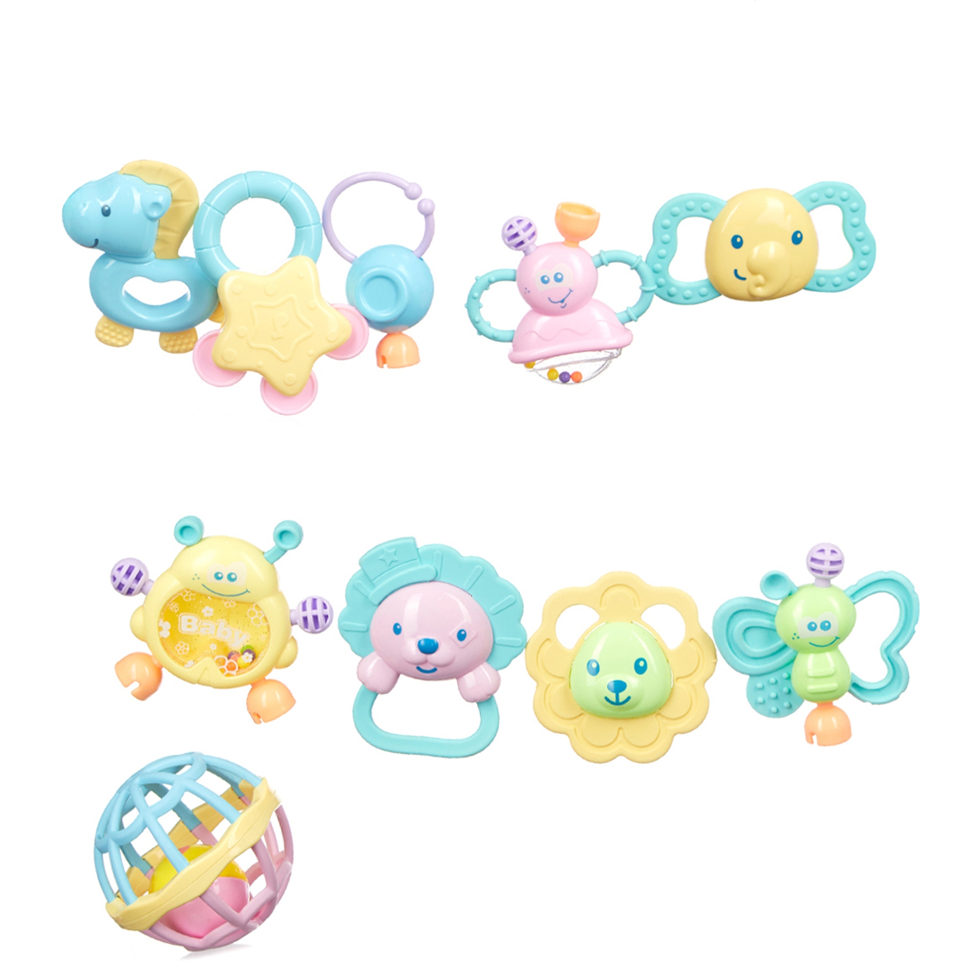 Set 10 zornaitoare pentru bebelusi cu suprafete moi pentru dentitie, diferite forme si culori, geanta albastra pentru depozitare, +3 luni