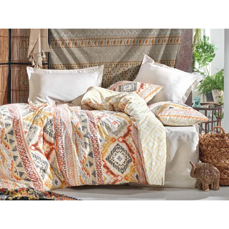 Lenjerie de pat dublu, 4 Piese, bumbac 100%, Cottonbox, model Jamila Bej