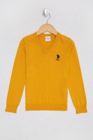 U.S. Polo Assn., Pulover cu decolteu in V si broderie logo, Galben sofran, 116-122 CM Standard