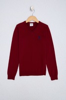 U.S. Polo Assn., Pulover cu decolteu in V si broderie logo, Rosu inchis, 146-152 CM Standard