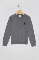 U.S. Polo Assn., Pulover cu decolteu in V si broderie logo, Gri melange, 128-134 CM Standard