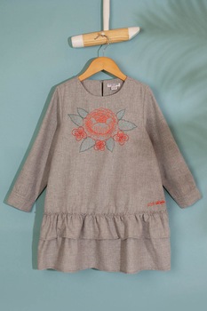 U.S. Polo Assn., Rochie evazata cu fermoar si broderie, Maro taupe/Oranj U.S. Polo Assn., Rochie evazata cu fermoar si broderie, Maro taupe/Oranj