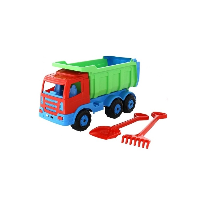Camion de jucarie cu lopata si grebla, 67x26x36 cm, multicolor