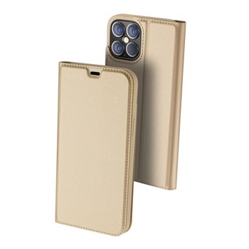 Husa iPhone 12 Pro Max, Flip / Book, Stand si Buzunar Card, DUX DUCIS, Piele Ecologica, Gold