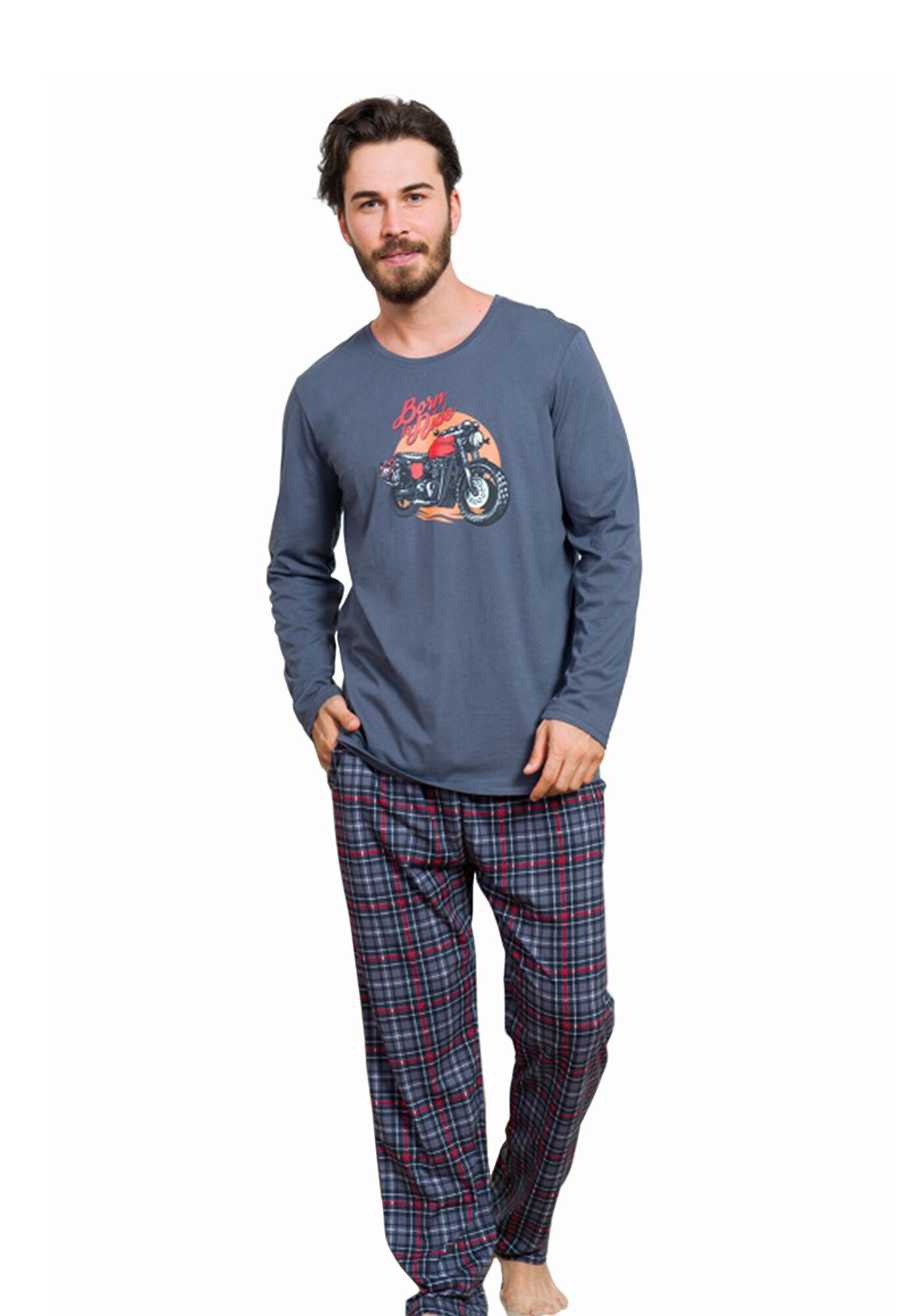 Pijama barbati Gazzaz by Vienetta, model Born to Ride, gri inchis, marime XL