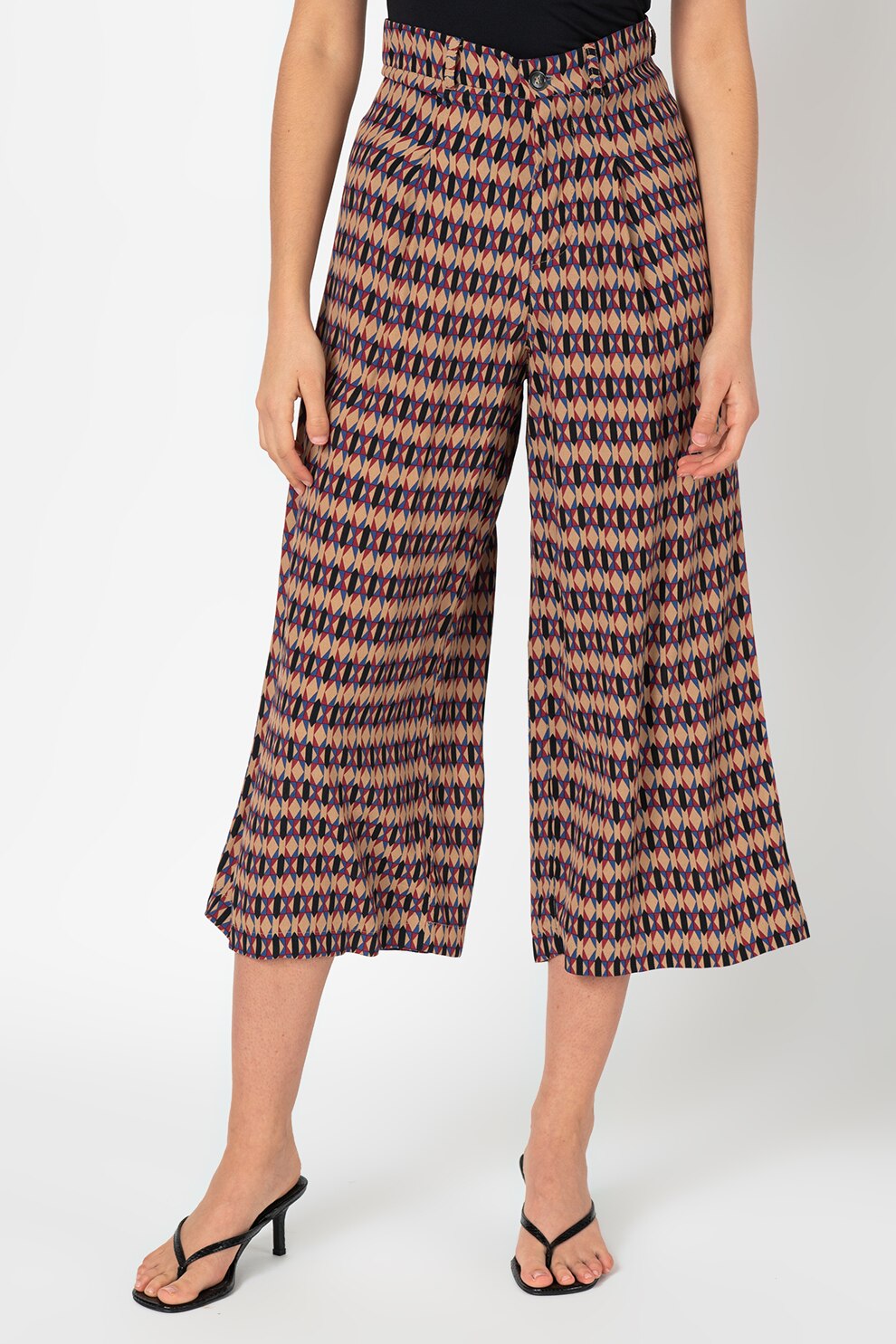 Antonia M, Pantaloni cu croiala ampla si talie inalta, Bej/Negru/Rosu