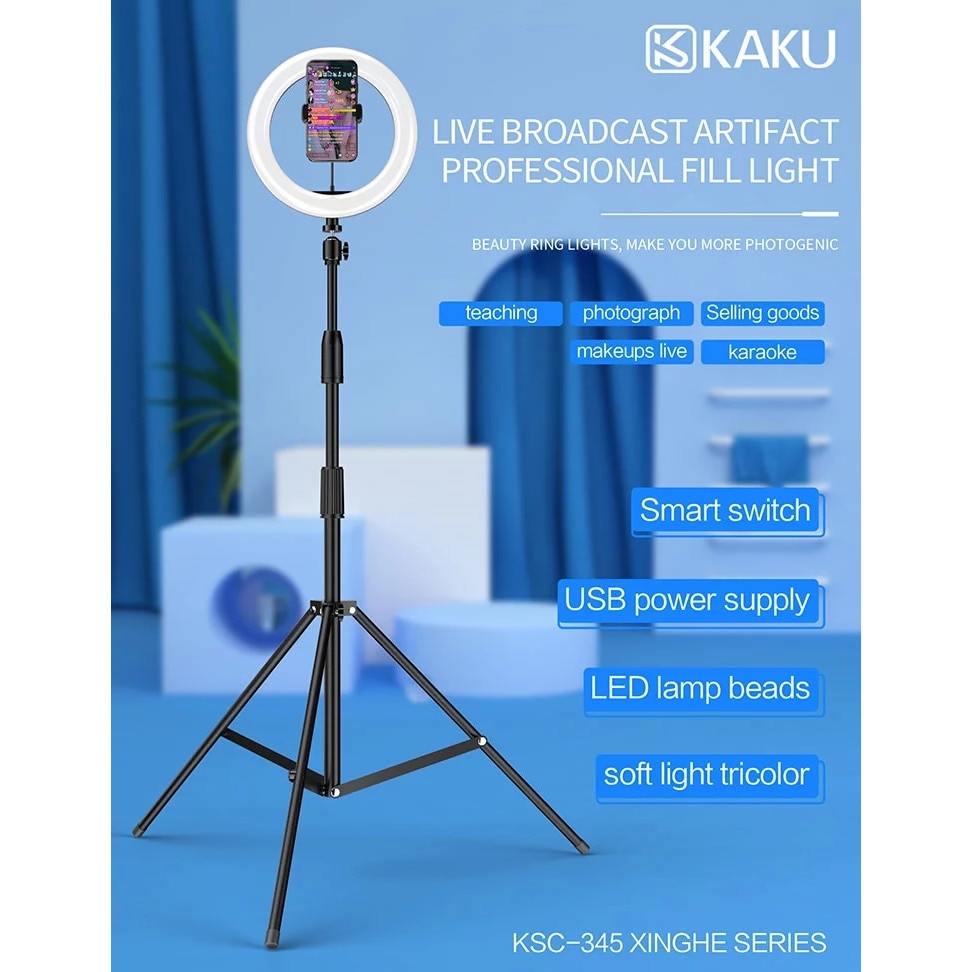Trepied profesional extensibil cu lampa circulara iKaku KSC-345, compatibil telefon, 360 grade, LED, 10 trepte intensitate lumina, alba, rece, naturala, telecomanda pe fir, inaltime maxima 2.1m, Negru cu Alb