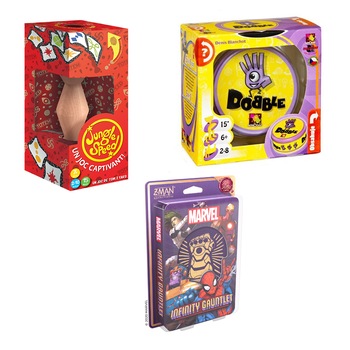 Pachet jocuri rapide - Dobble, Jungle Speed Eco-pack, Infinity Gauntlet: A love letter game Pachet jocuri rapide - Dobble, Jungle Speed Eco-pack, Infinity Gauntlet: A love letter game