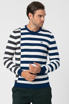 Lacoste, Pulover cu model in dungi si logo, Alb/gri inchis/albastru inchis Lacoste, Pulover cu model in dungi si logo, Alb/gri inchis/albastru inchis