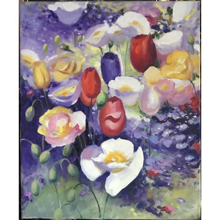 Tablou peisaj de primavara, pictura cu flori de gradina, Tablou pictat manual cu ulei pe panza, 65x55 cm
