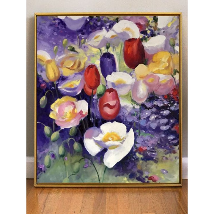 Tablou peisaj de primavara, pictura cu flori de gradina, Tablou pictat manual cu ulei pe panza, 65x55 cm