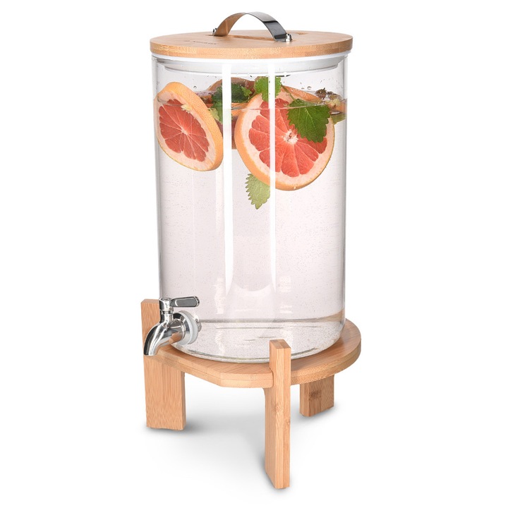 Dozator bauturi Navaris, din sticla borosilicata, 7L, robinet inox si suport din bambus, pentru bauturi calde si reci, Transparent