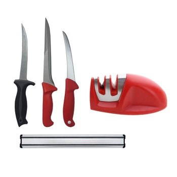 Set macelar format din 3 cutite profesionale pentru injunghiat, filetat, dezosat, suport magnetic otel inoxidabil si ascutitor manual 2 nivele de intensitate Set macelar format din 3 cutite profesionale pentru injunghiat, filetat, dezosat, suport magnetic otel inoxidabil si ascutitor manual 2 nivele de intensitate