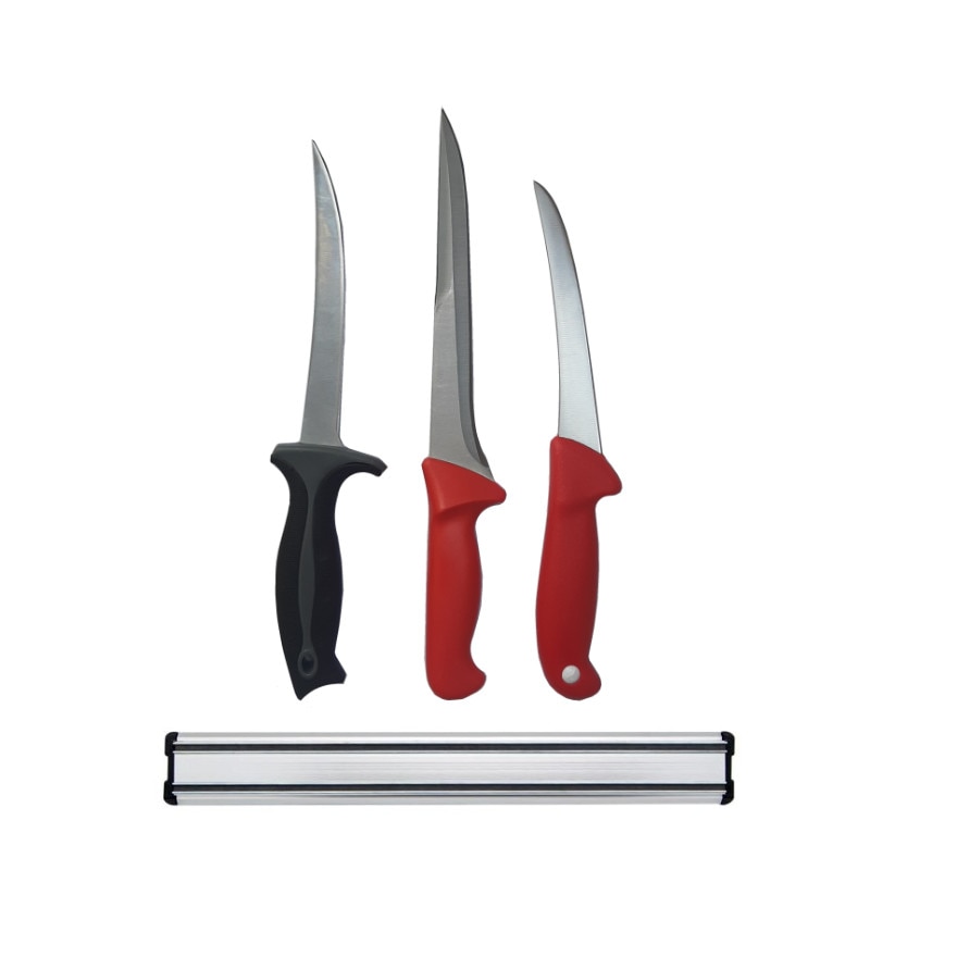 Set macelar format din 3 cutite profesionale pentru macelarie Red-WS, injunghiat, filetat, dezosat si suport magnetic otel inoxidabil